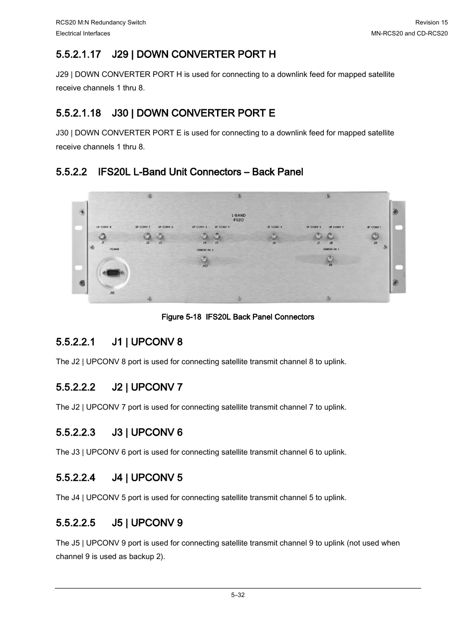 17 j29 | down converter port h, 18 j30 | down converter port e, 2 ifs20l l-band unit connectors – back panel | 1 j1 | upconv 8, 2 j2 | upconv 7, 3 j3 | upconv 6, 4 j4 | upconv 5, 5 j5 | upconv 9 | Comtech EF Data RCS20 User Manual | Page 132 / 202