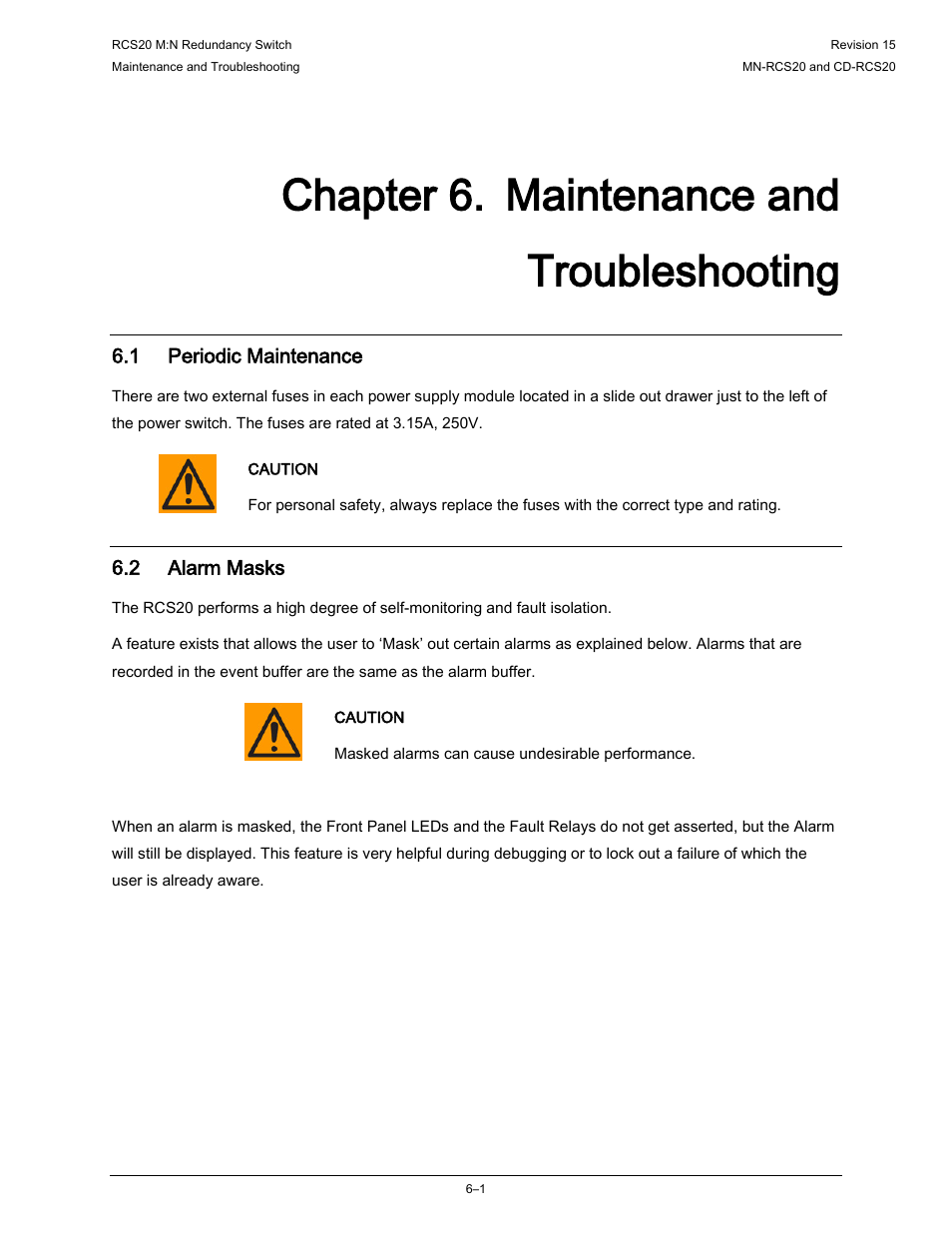Chapter 6. maintenance and troubleshooting, 1 periodic maintenance, 2 alarm masks | Comtech EF Data RCS20 User Manual | Page 135 / 202