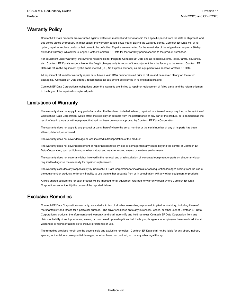 Warranty policy, Limitations of warranty, Exclusive remedies | Comtech EF Data RCS20 User Manual | Page 14 / 202