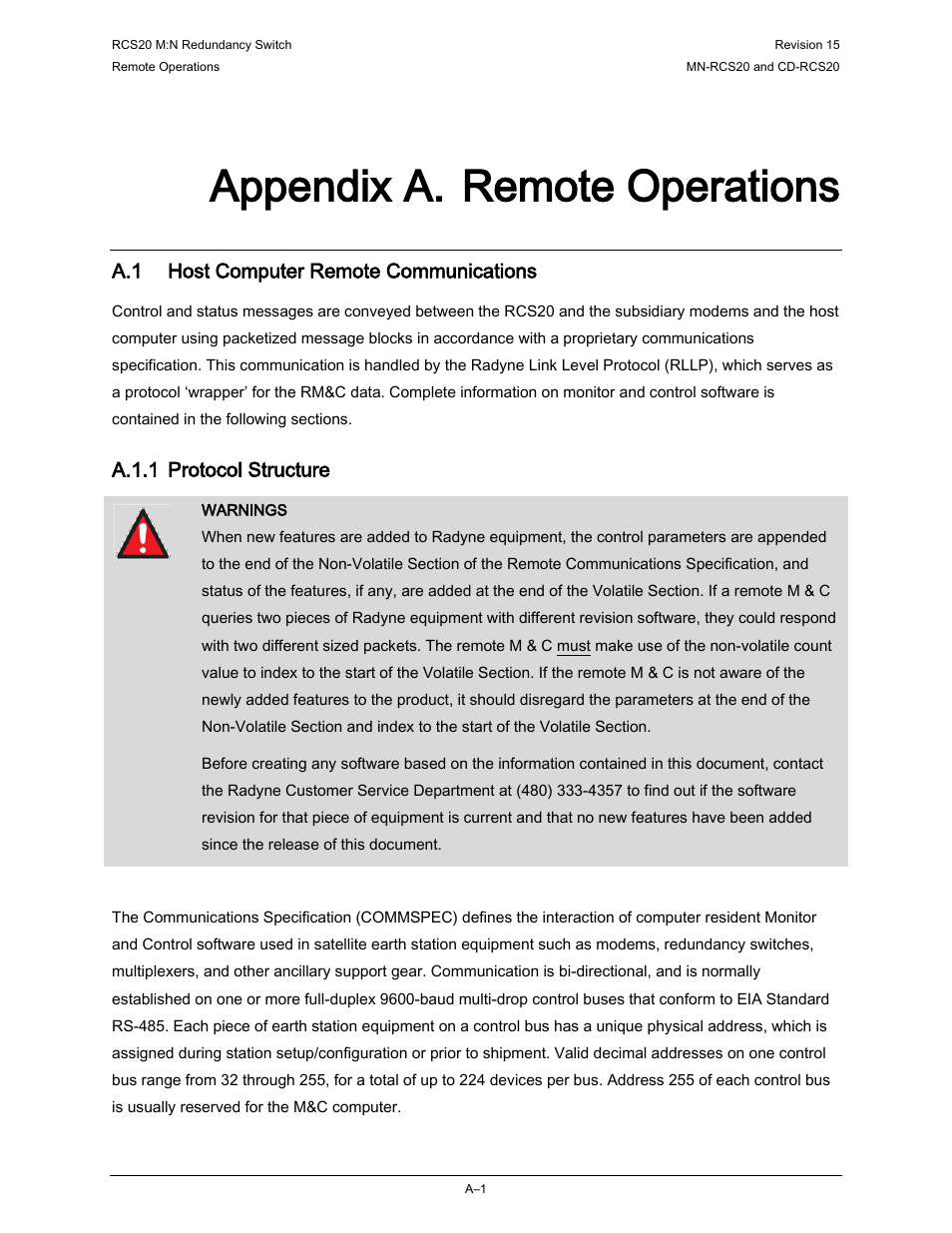 Appendix a. remote operations, A.1 host computer remote communications, A.1.1 protocol structure | Comtech EF Data RCS20 User Manual | Page 143 / 202