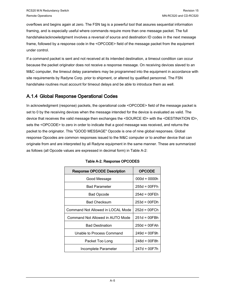 A.1.4 global response operational codes | Comtech EF Data RCS20 User Manual | Page 147 / 202