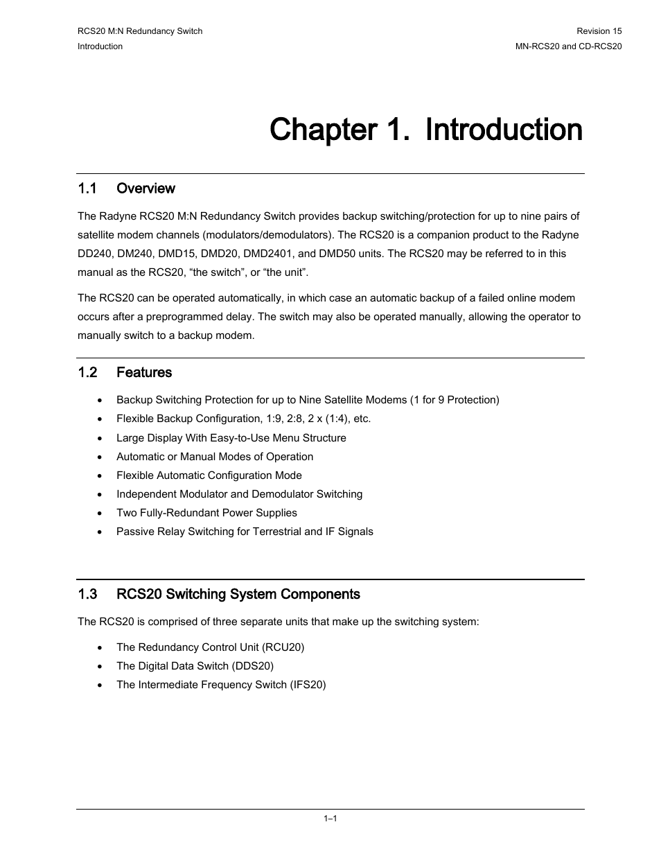 Chapter 1. introduction, 1 overview, 2 features | 3 rcs20 switching system components | Comtech EF Data RCS20 User Manual | Page 15 / 202