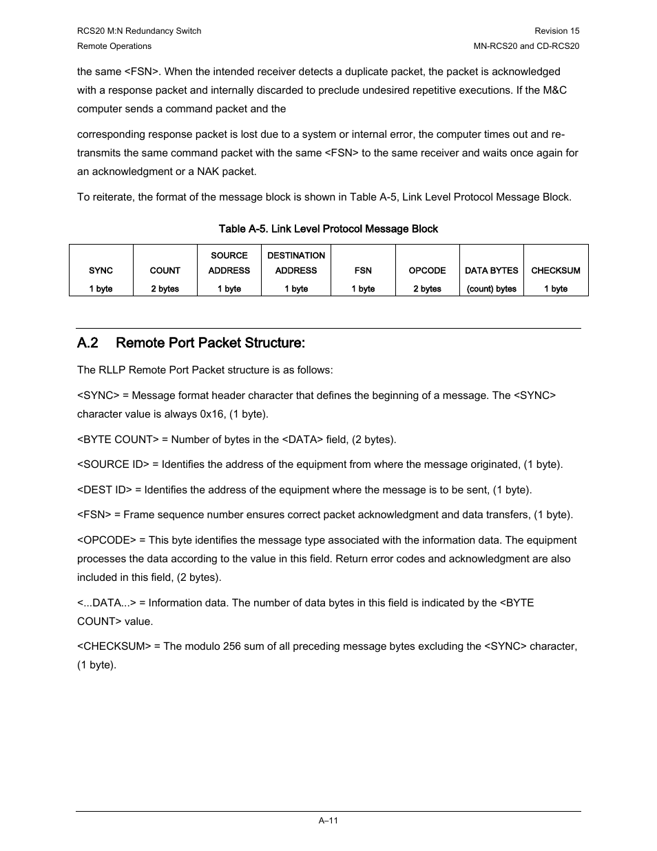 A.2 remote port packet structure | Comtech EF Data RCS20 User Manual | Page 153 / 202