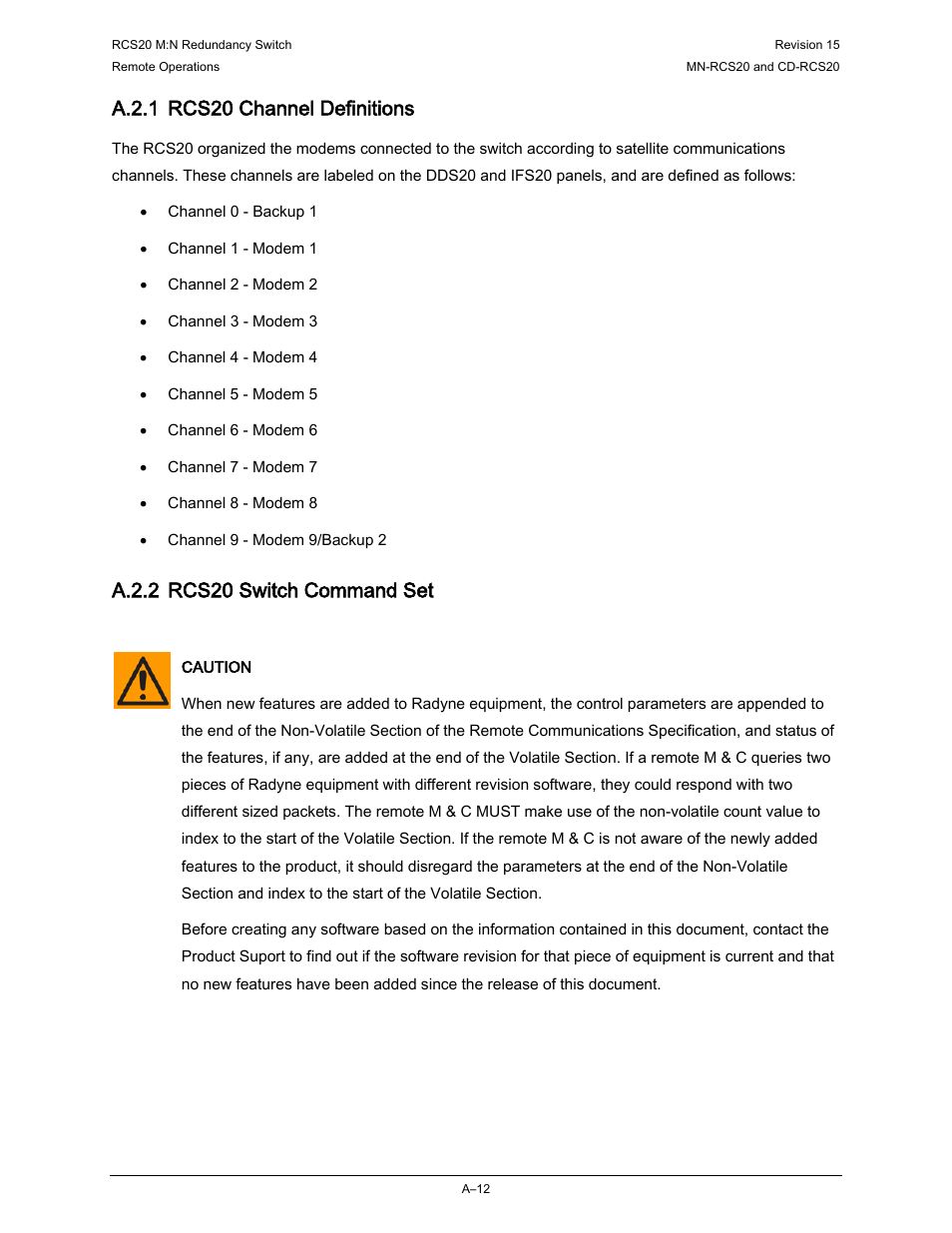 A.2.1 rcs20 channel definitions, A.2.2 rcs20 switch command set | Comtech EF Data RCS20 User Manual | Page 154 / 202
