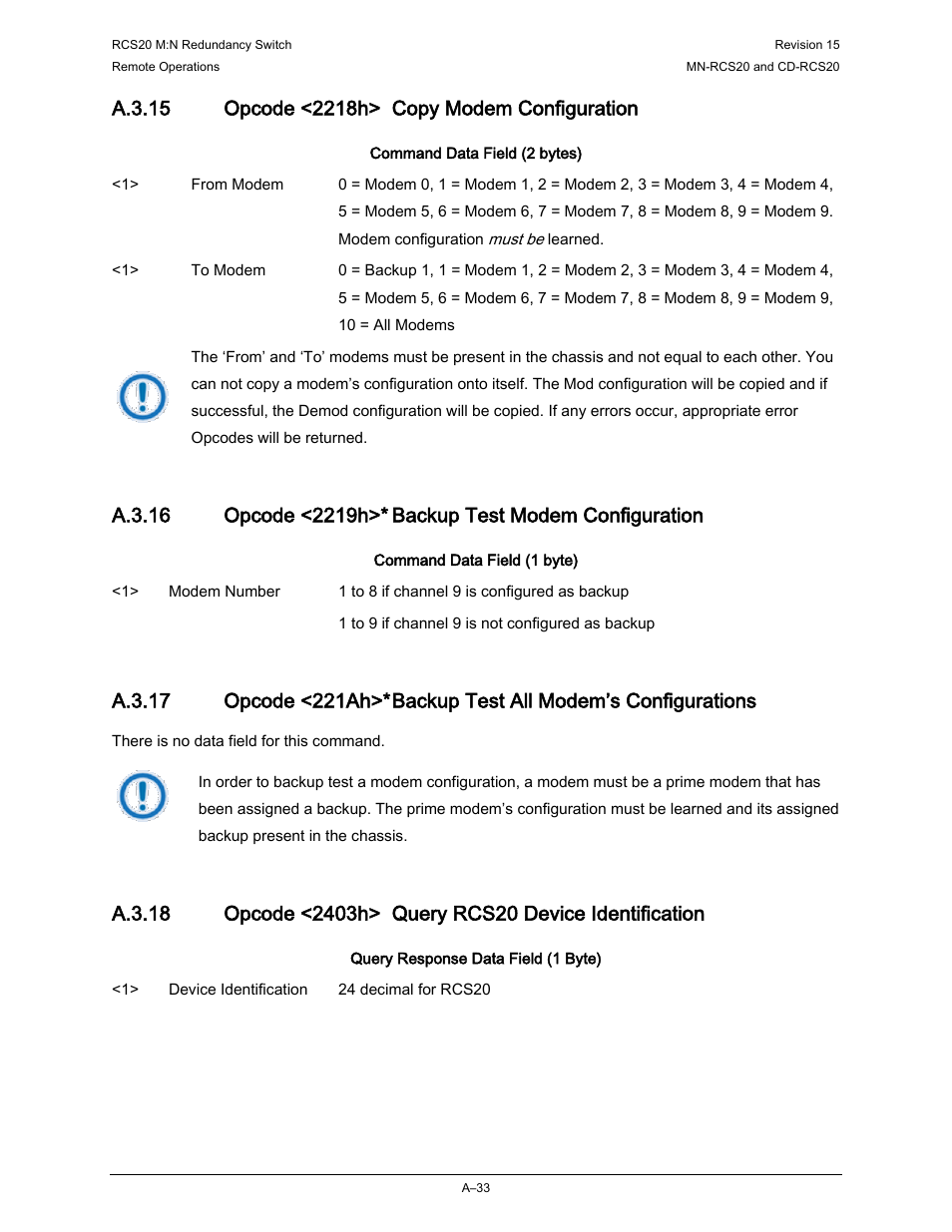 A.3.15 opcode <2218h> copy modem configuration | Comtech EF Data RCS20 User Manual | Page 175 / 202