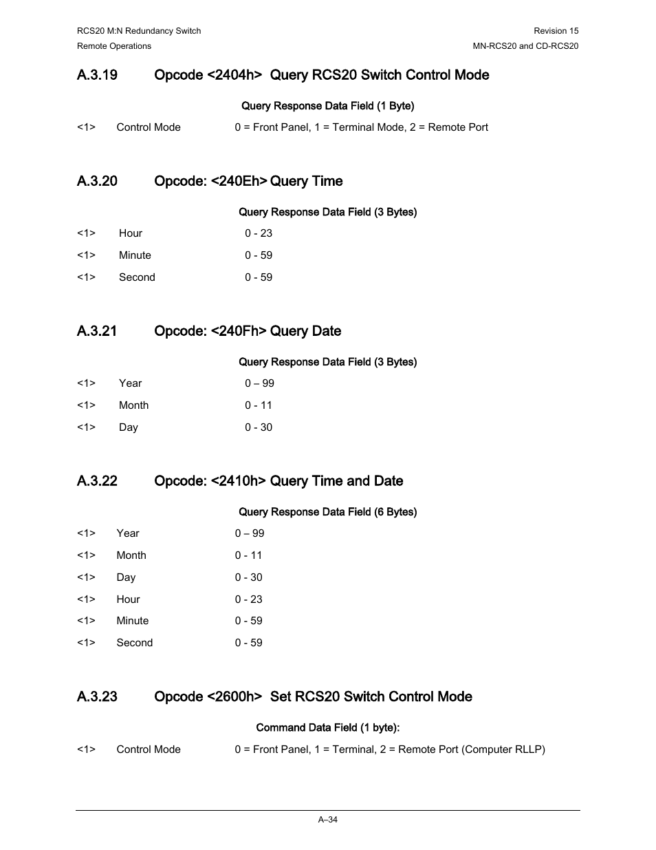 A.3.20 opcode: <240eh> query time, A.3.21 opcode: <240fh> query date, A.3.22 opcode: <2410h> query time and date | Comtech EF Data RCS20 User Manual | Page 176 / 202