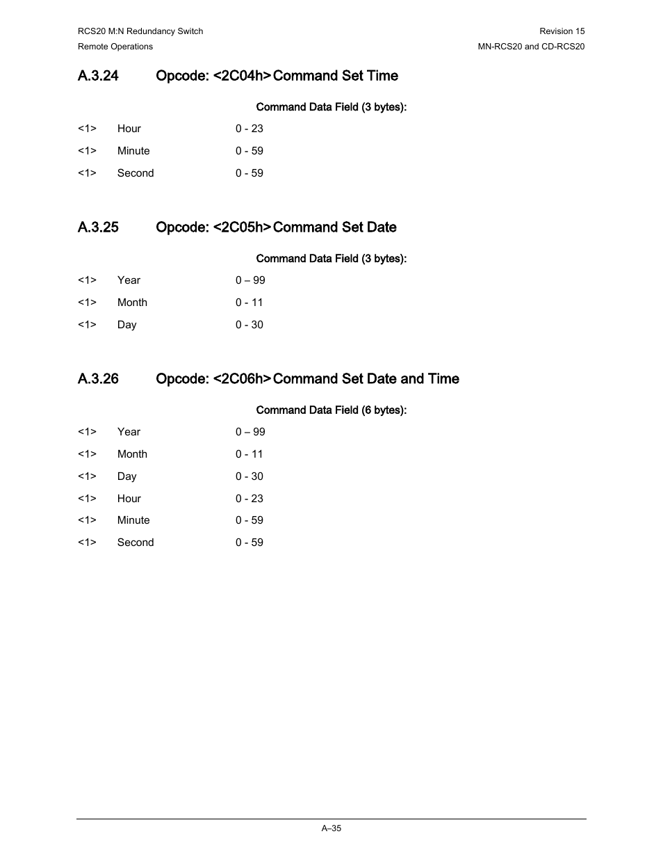 A.3.24 opcode: <2c04h> command set time, A.3.25 opcode: <2c05h> command set date, A.3.26 opcode: <2c06h> command set date and time | Comtech EF Data RCS20 User Manual | Page 177 / 202