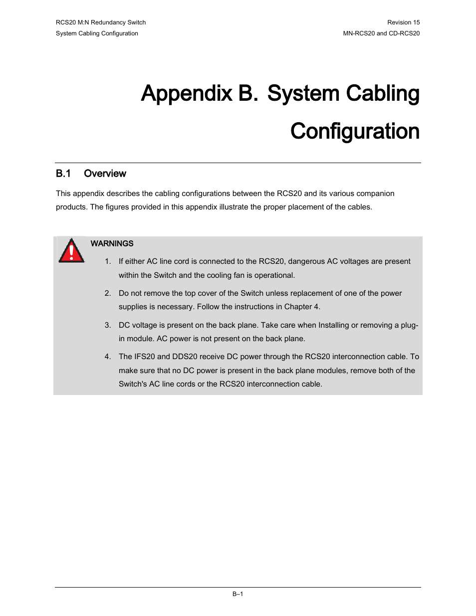 Appendix b. system cabling configuration, B.1 overview | Comtech EF Data RCS20 User Manual | Page 179 / 202