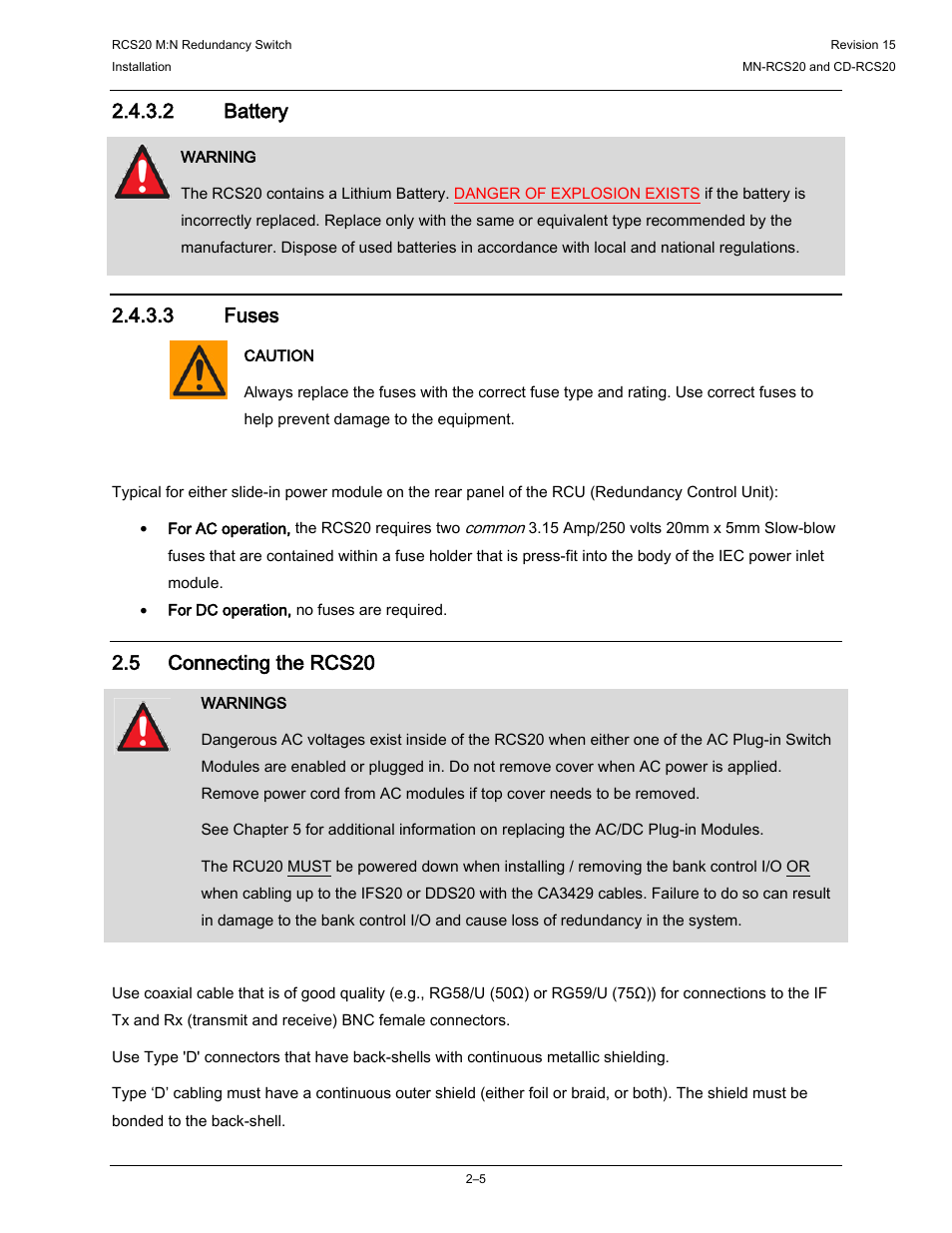 5 connecting the rcs20, 2 battery, 3 fuses | Comtech EF Data RCS20 User Manual | Page 29 / 202