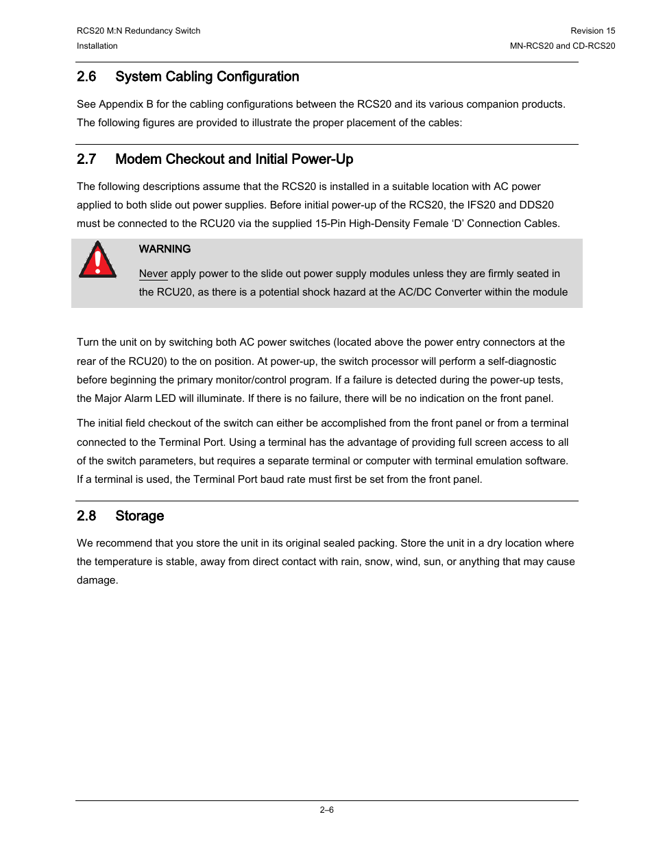 6 system cabling configuration, 7 modem checkout and initial power-up, 8 storage | Comtech EF Data RCS20 User Manual | Page 30 / 202