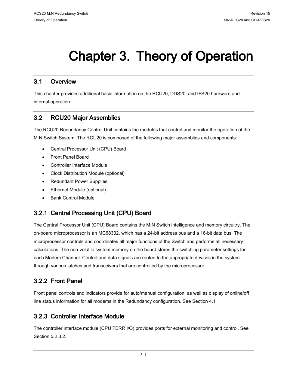 Chapter 3. theory of operation, 1 overview, 2 rcu20 major assemblies | 1 central processing unit (cpu) board, 2 front panel, 3 controller interface module | Comtech EF Data RCS20 User Manual | Page 31 / 202