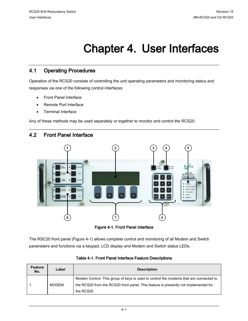 Chapter 4. user interfaces, 1 operating procedures, 2 front panel interface | Comtech EF Data RCS20 User Manual | Page 35 / 202
