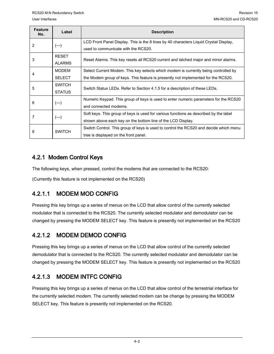 1 modem control keys, 1 modem mod config, 2 modem demod config | 3 modem intfc config | Comtech EF Data RCS20 User Manual | Page 36 / 202