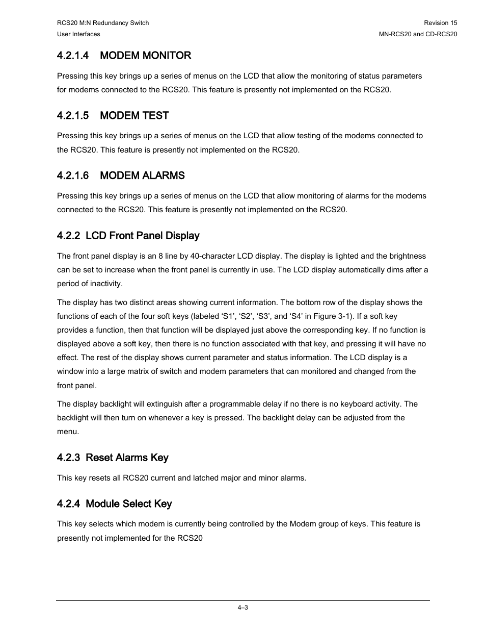 2 lcd front panel display, 3 reset alarms key, 4 module select key | 4 modem monitor, 5 modem test, 6 modem alarms | Comtech EF Data RCS20 User Manual | Page 37 / 202