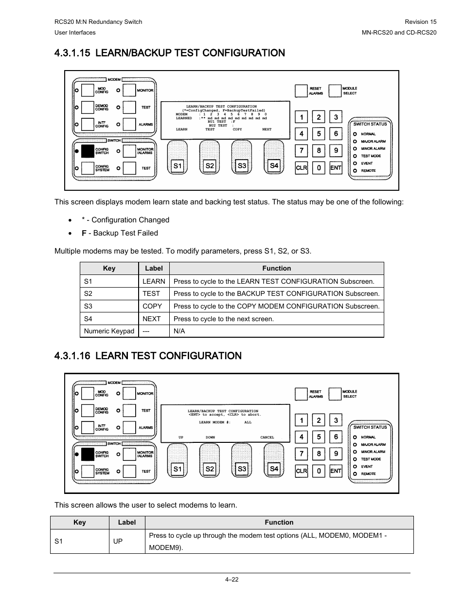 15 learn/backup test configuration, 16 learn test configuration | Comtech EF Data RCS20 User Manual | Page 56 / 202