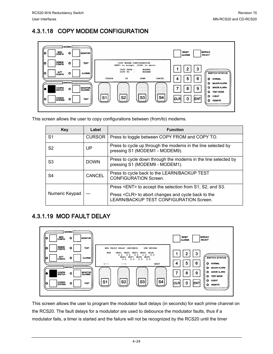 18 copy modem configuration, 19 mod fault delay | Comtech EF Data RCS20 User Manual | Page 58 / 202