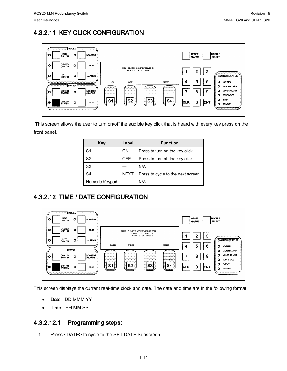 11 key click configuration, 12 time / date configuration, 1 programming steps | Comtech EF Data RCS20 User Manual | Page 74 / 202
