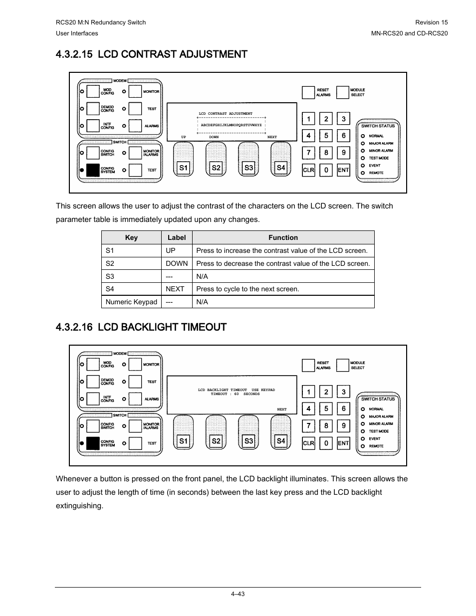 15 lcd contrast adjustment, 16 lcd backlight timeout | Comtech EF Data RCS20 User Manual | Page 77 / 202