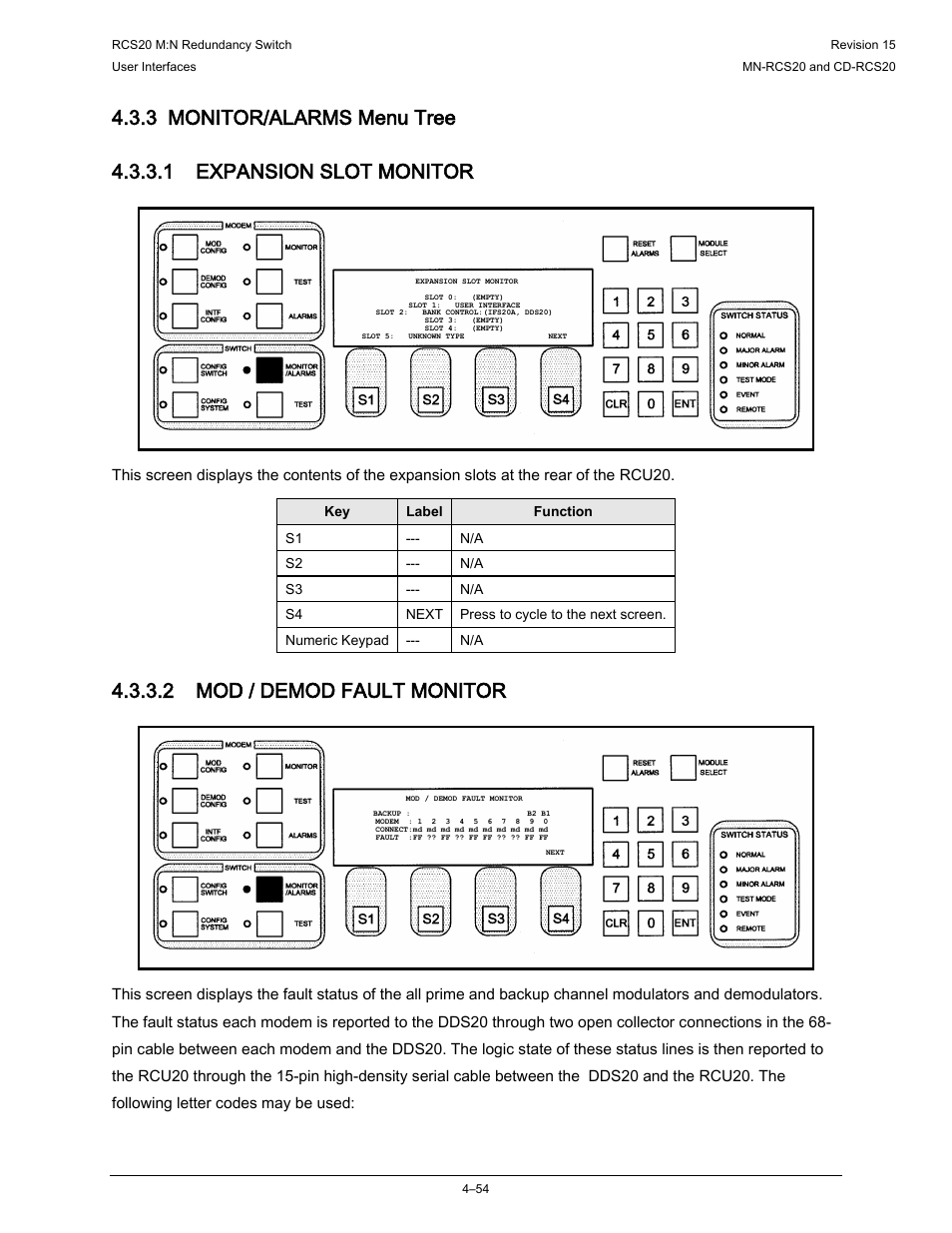 3 monitor/alarms menu tree, 2 mod / demod fault monitor | Comtech EF Data RCS20 User Manual | Page 88 / 202