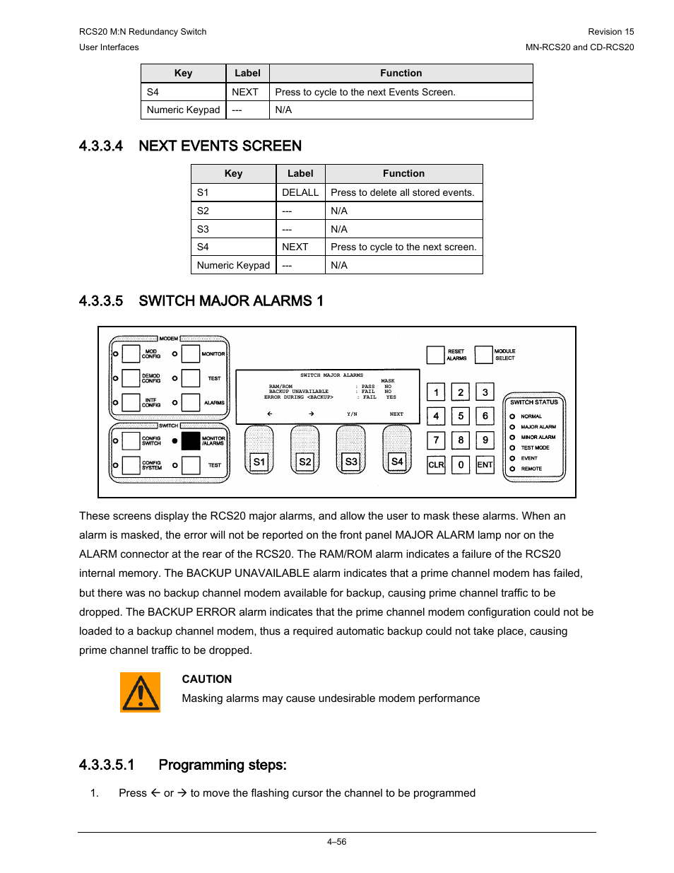 4 next events screen, 5 switch major alarms 1, 1 programming steps | Comtech EF Data RCS20 User Manual | Page 90 / 202