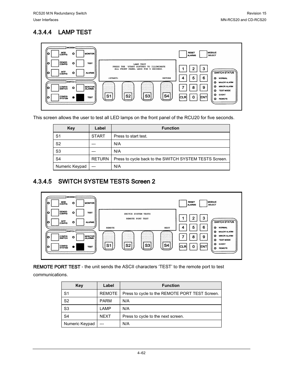 4 lamp test, 5 switch system tests screen 2 | Comtech EF Data RCS20 User Manual | Page 96 / 202