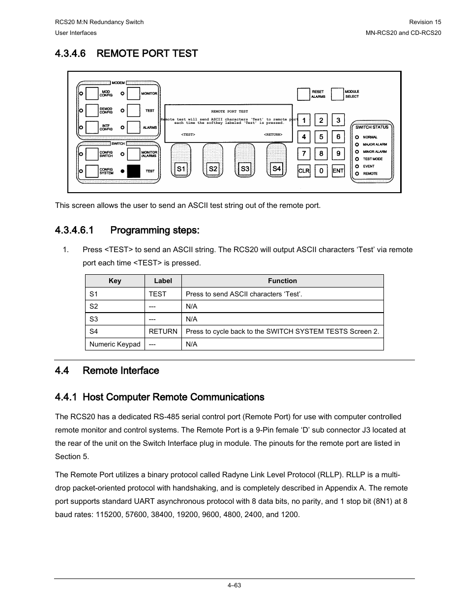 4 remote interface, 1 host computer remote communications, 6 remote port test | 1 programming steps | Comtech EF Data RCS20 User Manual | Page 97 / 202