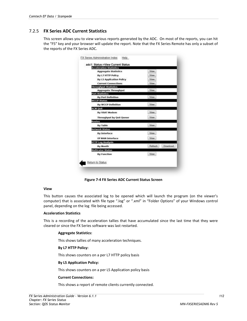 Fx series adc current statistics, Figure 7-4 fx series adc current status screen, 5 fx series adc current statistics | Comtech EF Data FX Series Administrator Guide User Manual | Page 112 / 151