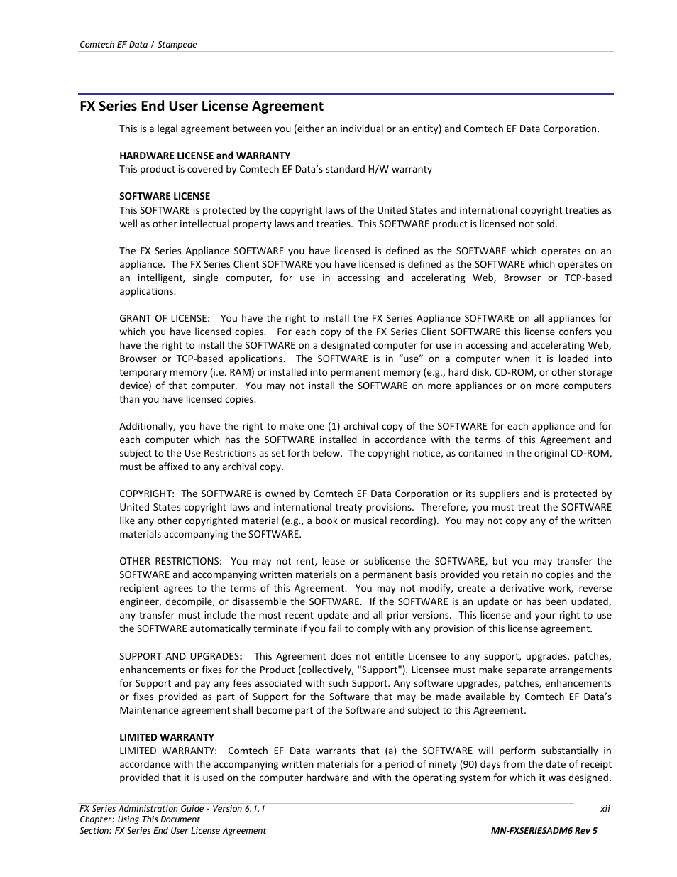 Fx series end user license agreement | Comtech EF Data FX Series Administrator Guide User Manual | Page 12 / 151