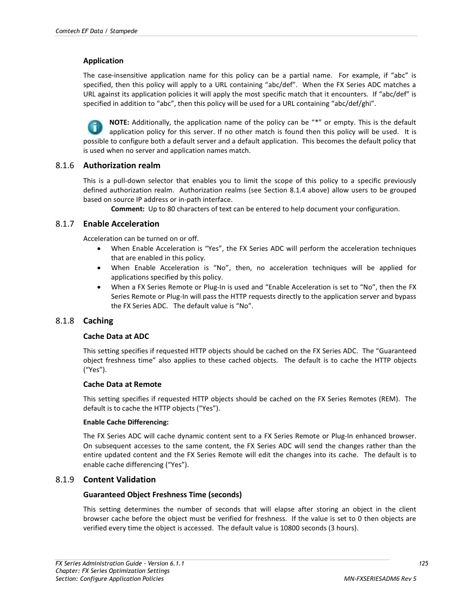 Authorization realm, Enable acceleration, Caching | Content validation | Comtech EF Data FX Series Administrator Guide User Manual | Page 125 / 151