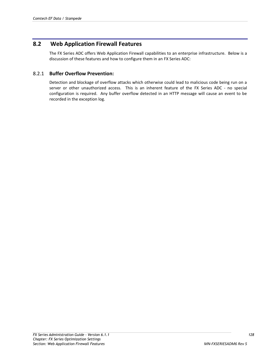 Web application firewall features, Buffer overflow prevention, 2 web application firewall features | 1 buffer overflow prevention | Comtech EF Data FX Series Administrator Guide User Manual | Page 128 / 151