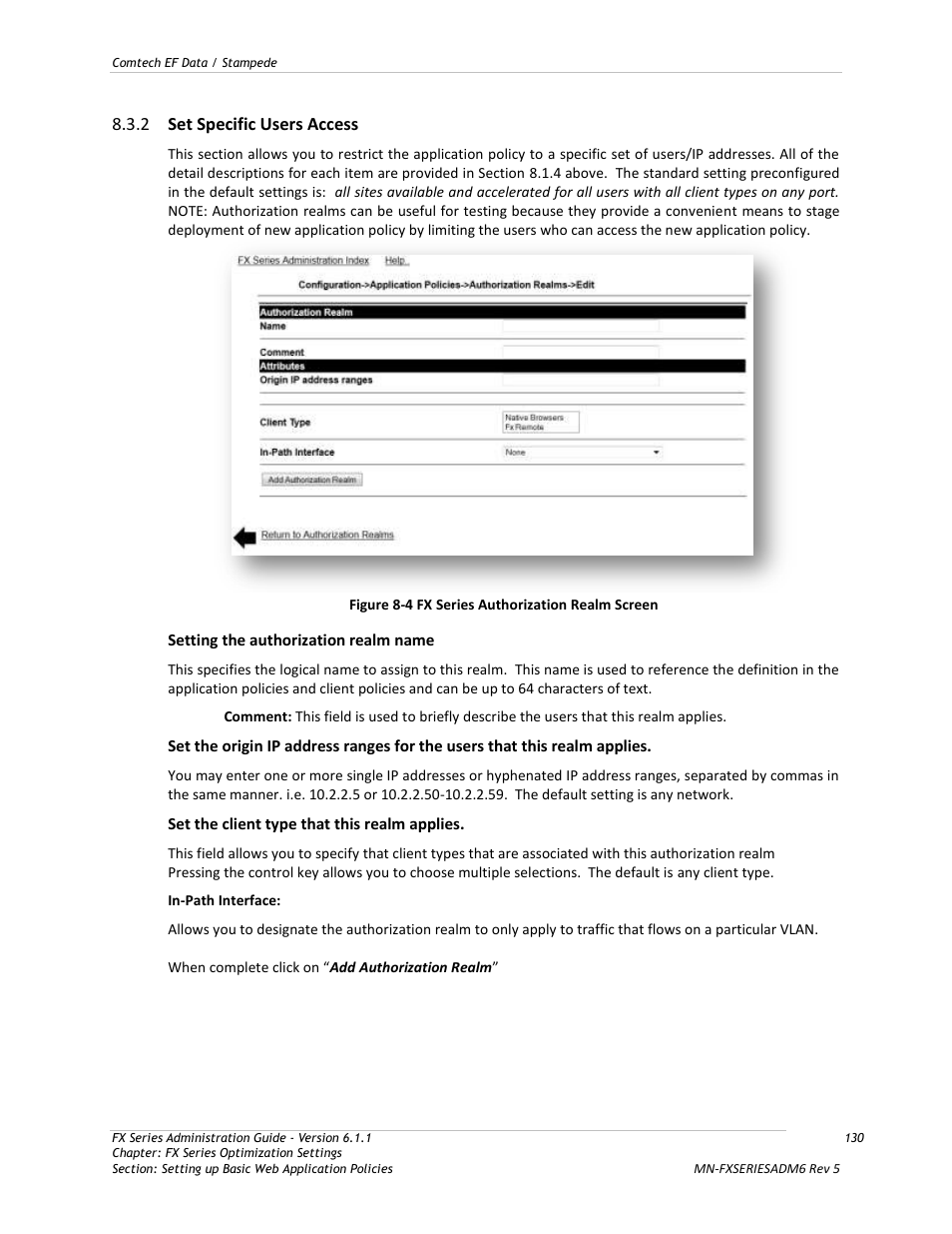 Set specific users access, Figure 8-4 fx series authorization realm screen, 2 set specific users access | Comtech EF Data FX Series Administrator Guide User Manual | Page 130 / 151