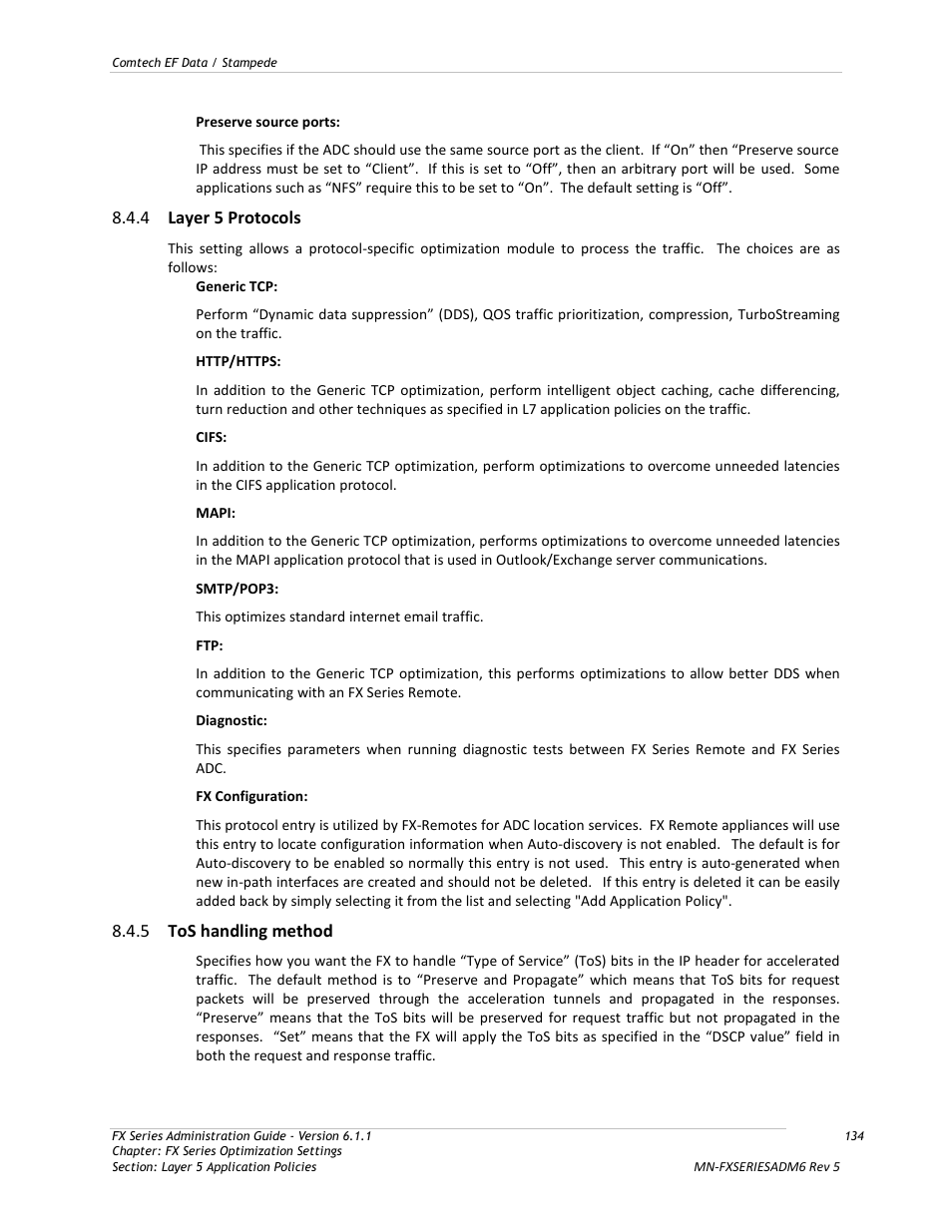 Layer 5 protocols, Tos handling method, 4 layer 5 protocols | 5 tos handling method | Comtech EF Data FX Series Administrator Guide User Manual | Page 134 / 151