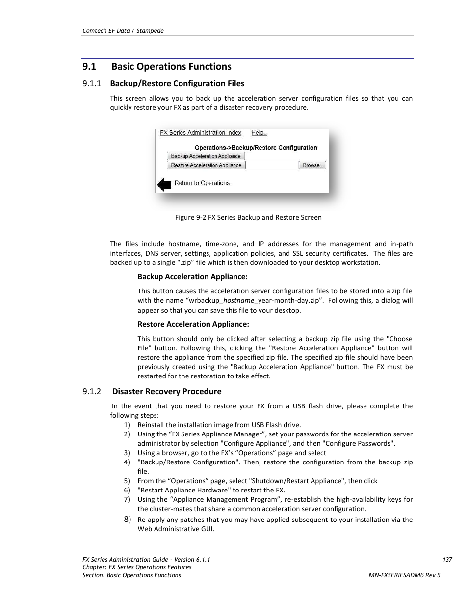 Basic operations functions, Backup/restore configuration files, Disaster recovery procedure | Figure 9-2 fx series backup and restore screen, 1 basic operations functions | Comtech EF Data FX Series Administrator Guide User Manual | Page 137 / 151