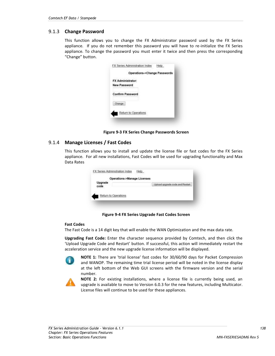 Change password, Manage licenses / fast codes, Figure 9-3 fx series change passwords screen | Figure 9-4 fx series upgrade fast codes screen, 3 change password, 4 manage licenses / fast codes | Comtech EF Data FX Series Administrator Guide User Manual | Page 138 / 151