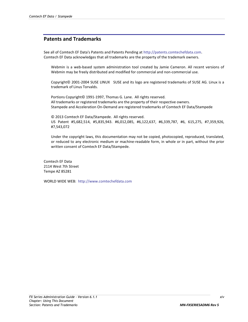 Patents and trademarks | Comtech EF Data FX Series Administrator Guide User Manual | Page 14 / 151