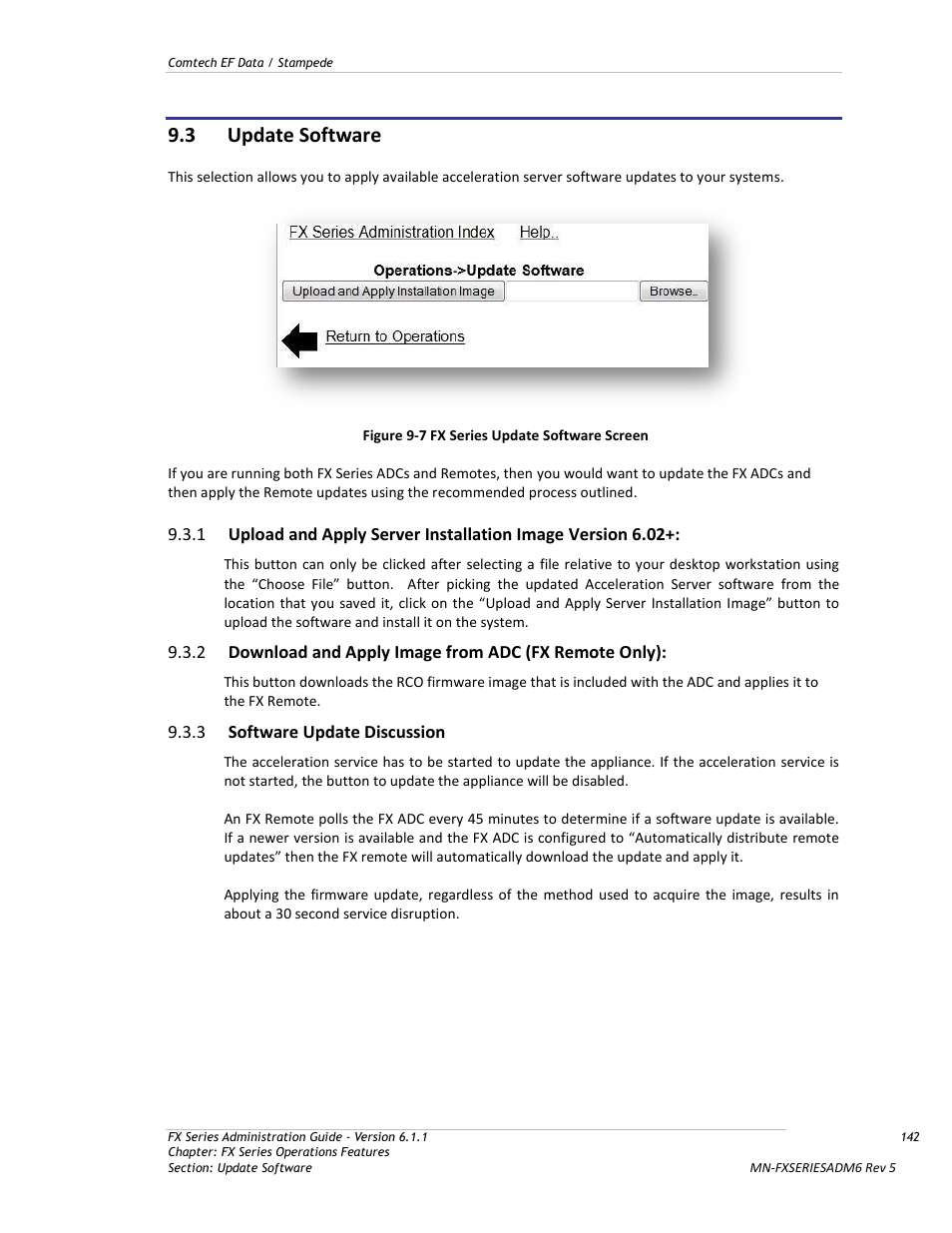 Update software, Download and apply image from adc (fx remote only), Software update discussion | Figure 9-7 fx series update software screen, 3 update software | Comtech EF Data FX Series Administrator Guide User Manual | Page 142 / 151