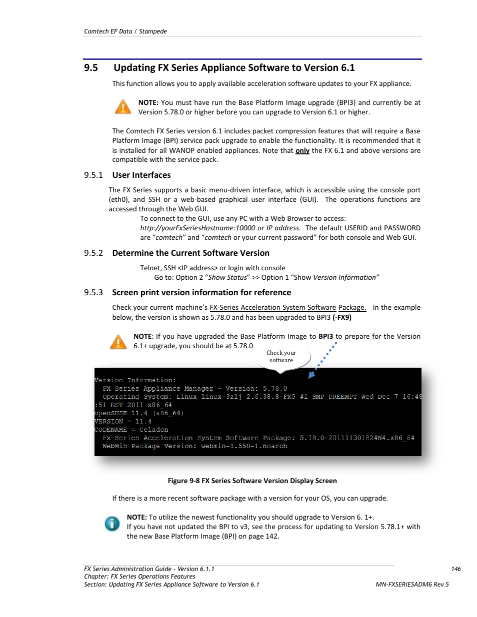 User interfaces, Determine the current software version, Screen print version information for reference | Comtech EF Data FX Series Administrator Guide User Manual | Page 146 / 151