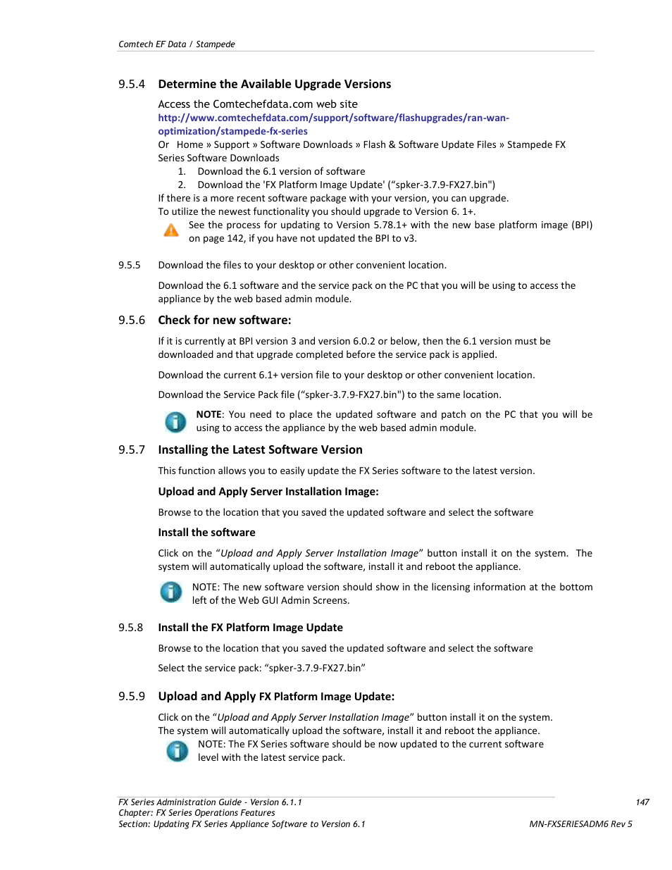 Determine the available upgrade versions, Check for new software, Installing the latest software version | Install the fx platform image update, Upload and apply fx platform image update | Comtech EF Data FX Series Administrator Guide User Manual | Page 147 / 151