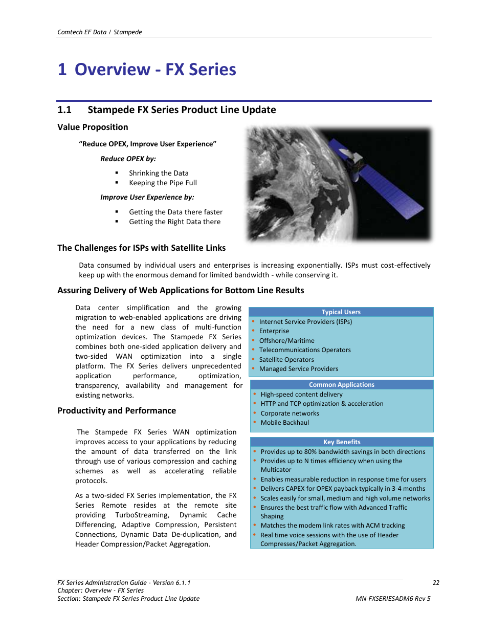 Overview - fx series, Stampede fx series product line update, 1 overview - fx series | 1 stampede fx series product line update | Comtech EF Data FX Series Administrator Guide User Manual | Page 22 / 151