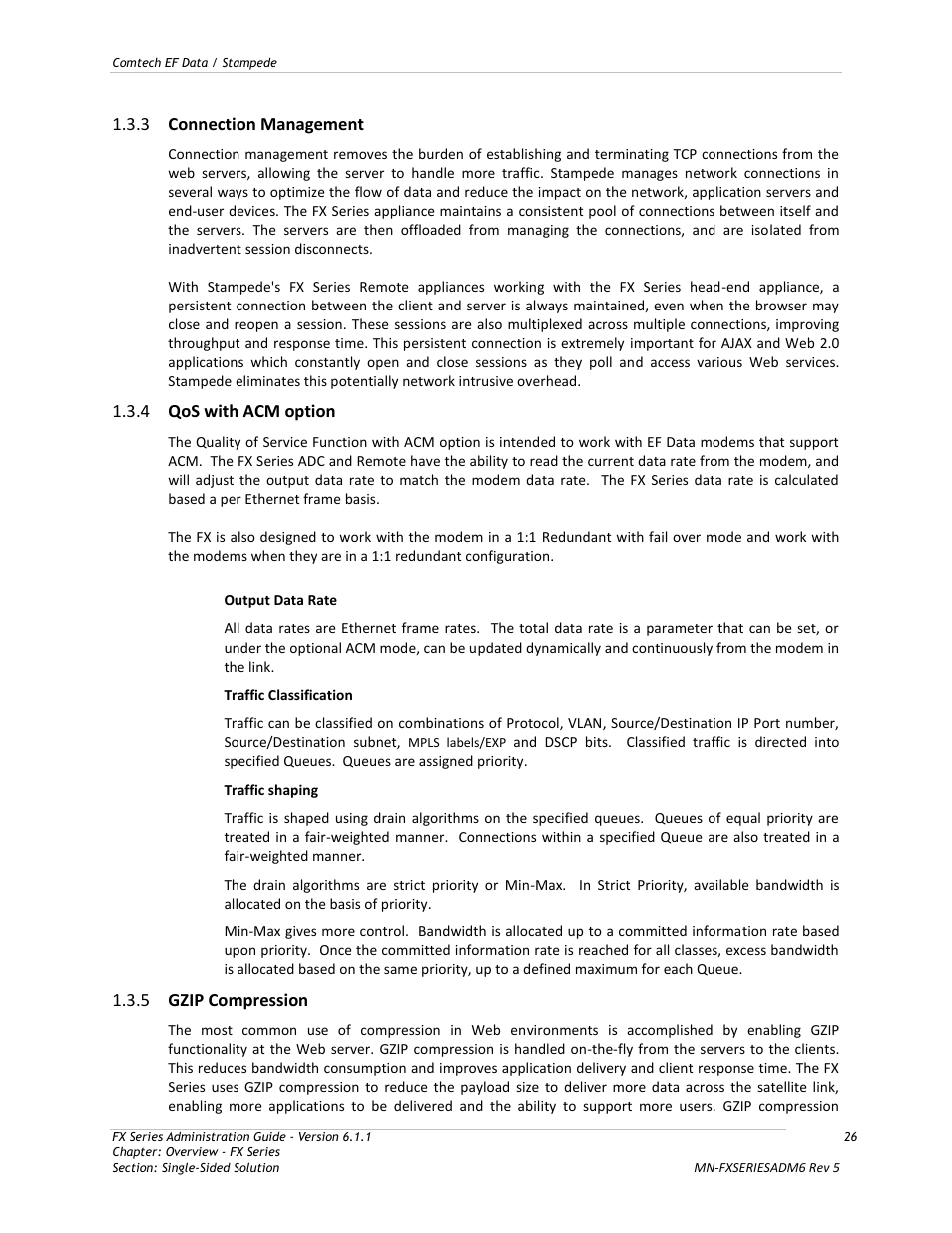 Connection management, Qos with acm option, Gzip compression | 3 connection management, 4 qos with acm option, 5 gzip compression | Comtech EF Data FX Series Administrator Guide User Manual | Page 26 / 151