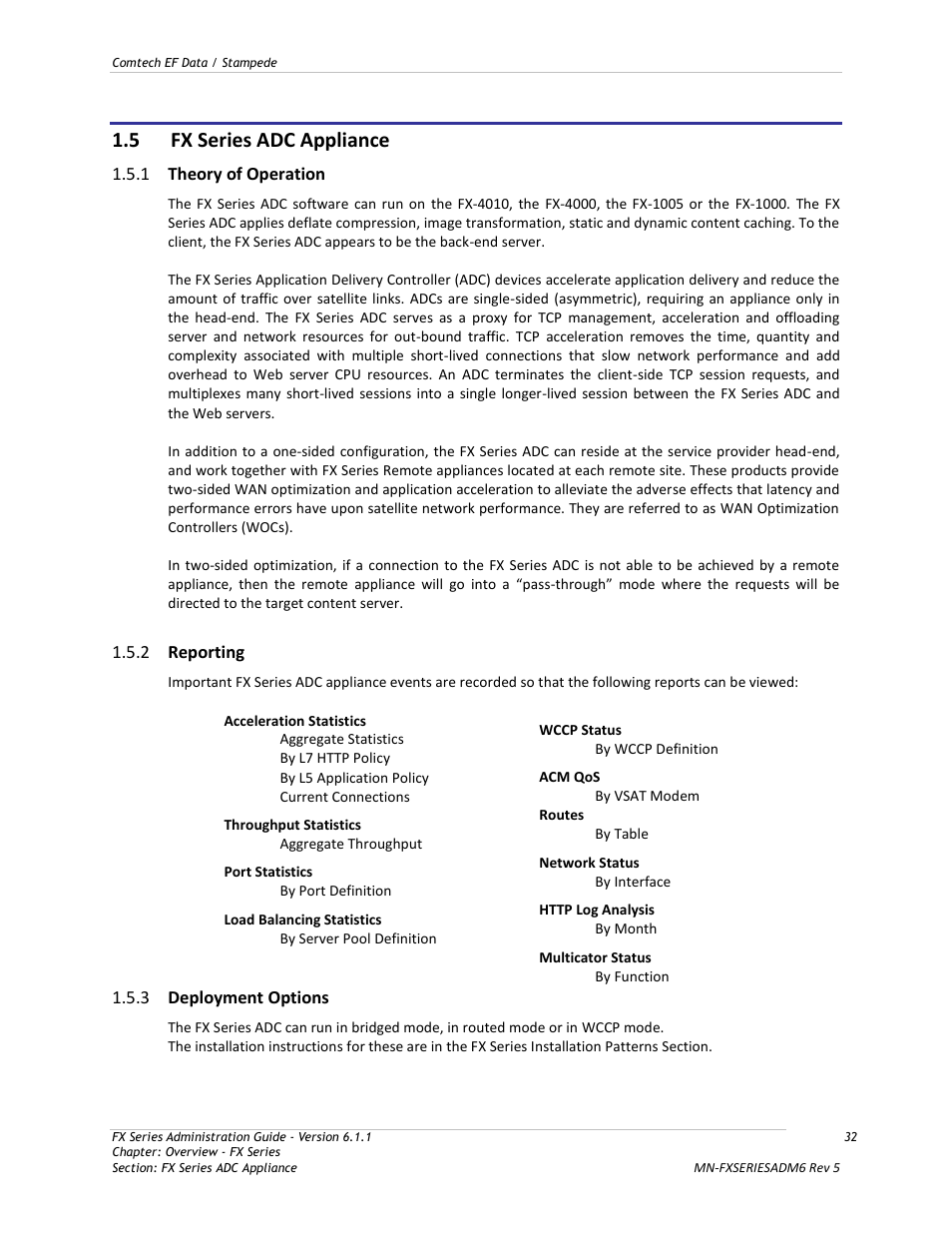 Fx series adc appliance, Theory of operation, Reporting | Deployment options, 5 fx series adc appliance | Comtech EF Data FX Series Administrator Guide User Manual | Page 32 / 151