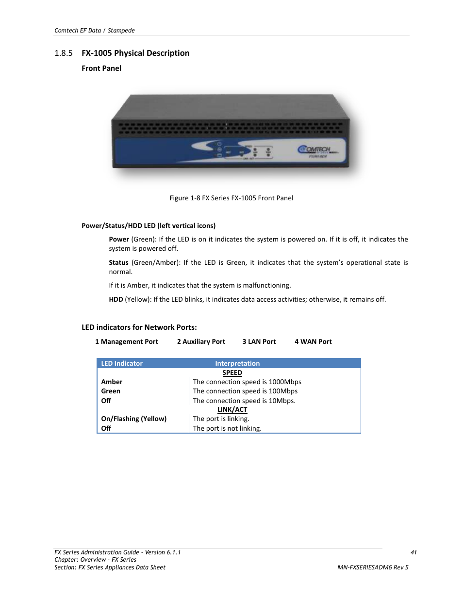 Fx-1005 physical description, Figure 1-8 fx series fx-1005 front panel | Comtech EF Data FX Series Administrator Guide User Manual | Page 41 / 151