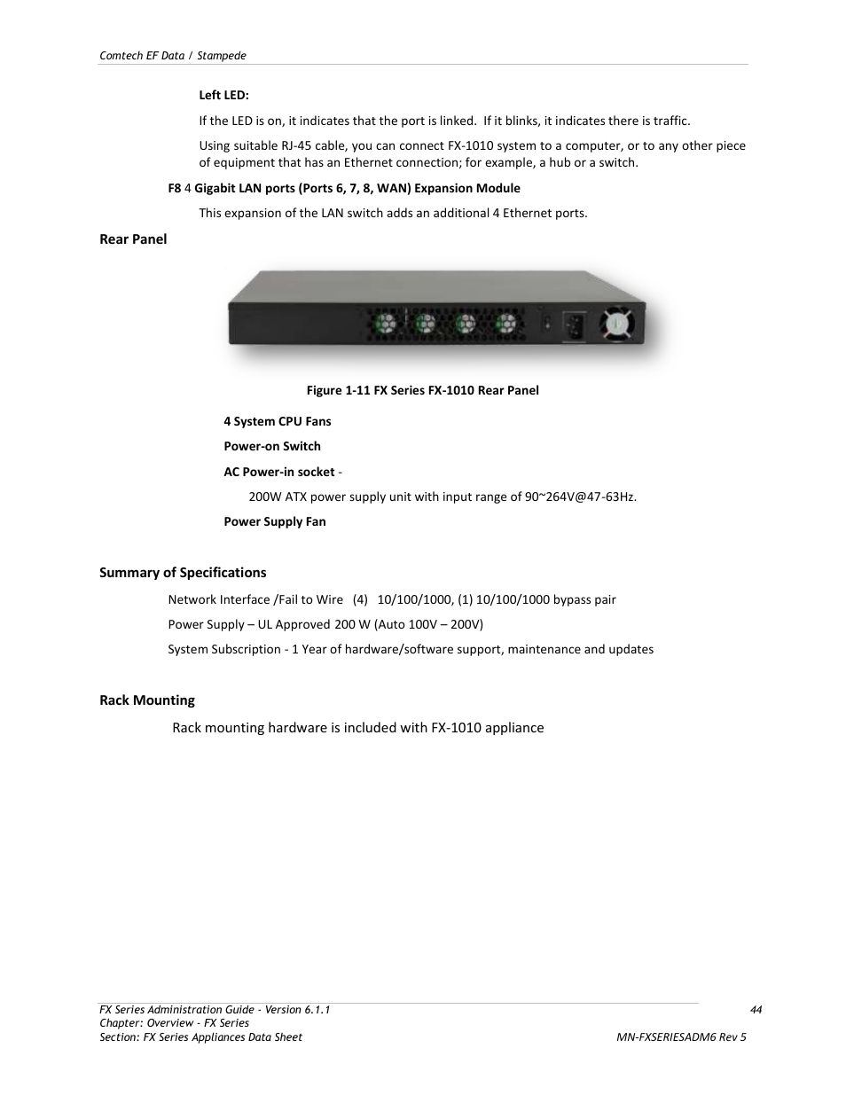 Figure 1-11 fx series fx-1010 rear panel | Comtech EF Data FX Series Administrator Guide User Manual | Page 44 / 151