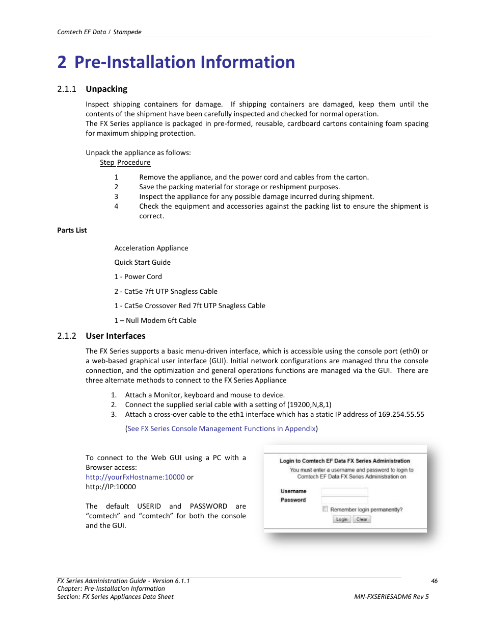 Pre-installation information, Unpacking, User interfaces | 2 pre-installation information | Comtech EF Data FX Series Administrator Guide User Manual | Page 46 / 151