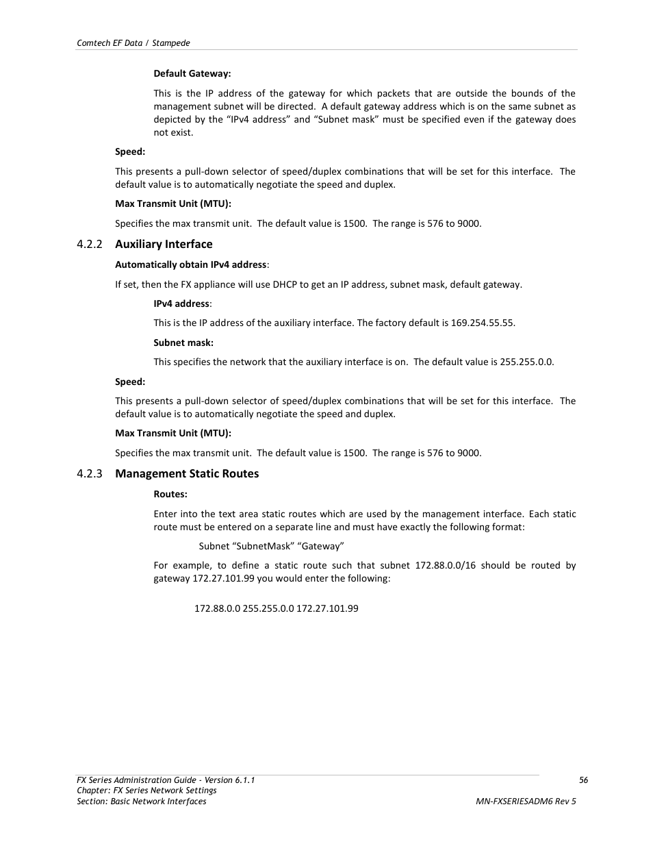 Auxiliary interface, Management static routes | Comtech EF Data FX Series Administrator Guide User Manual | Page 56 / 151