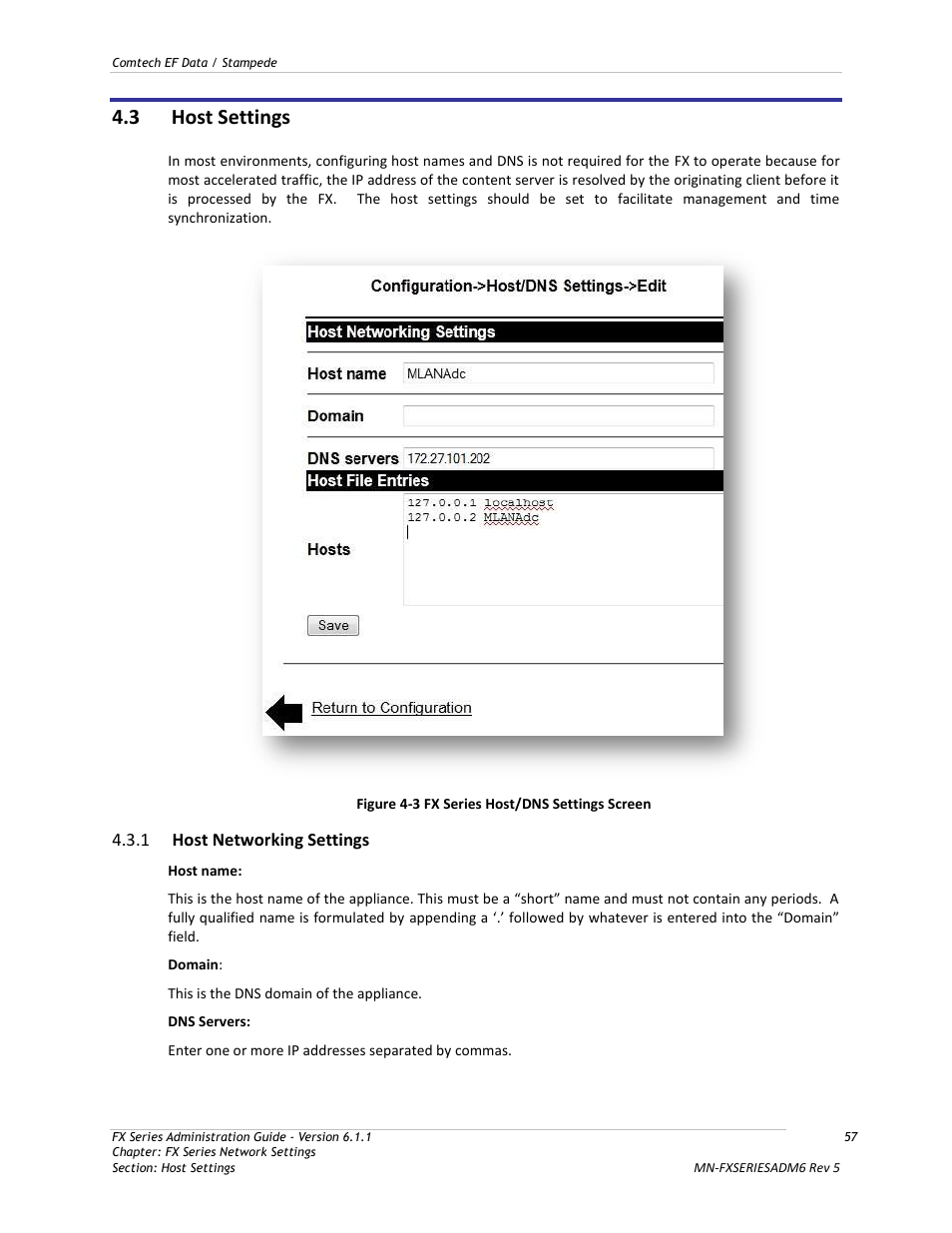 Host settings, Host networking settings, Figure 4-3 fx series host/dns settings screen | 3 host settings, 1 host networking settings | Comtech EF Data FX Series Administrator Guide User Manual | Page 57 / 151