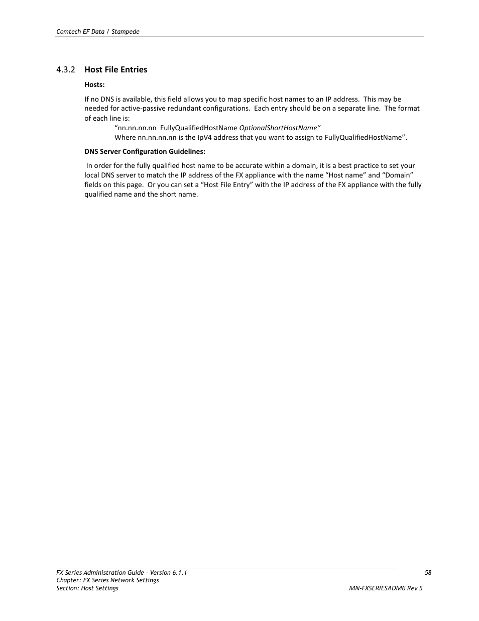 Host file entries, 2 host file entries | Comtech EF Data FX Series Administrator Guide User Manual | Page 58 / 151