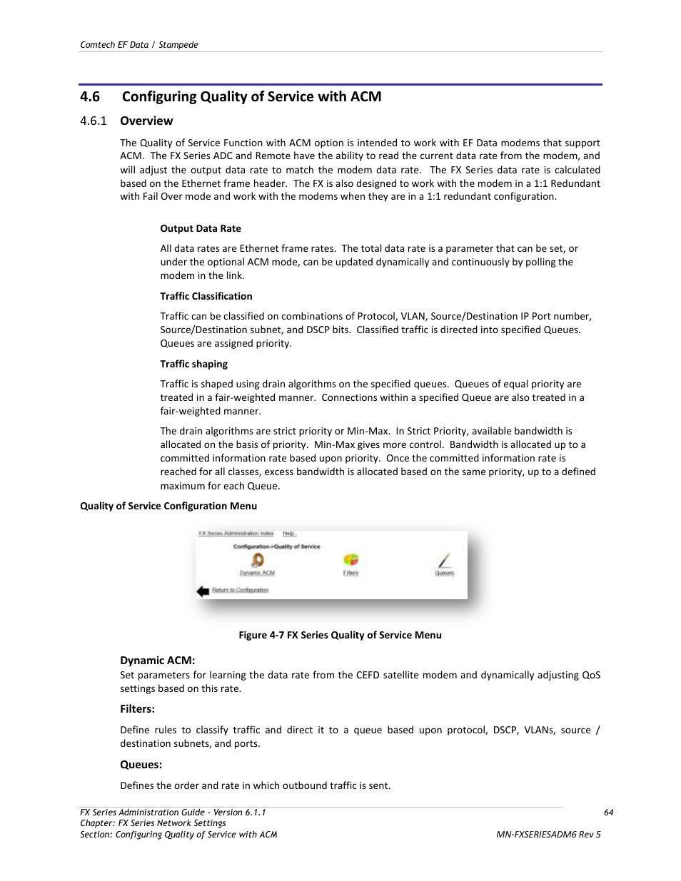 Configuring quality of service with acm, Overview, Figure 4-7 fx series quality of service menu | 6 configuring quality of service with acm | Comtech EF Data FX Series Administrator Guide User Manual | Page 64 / 151