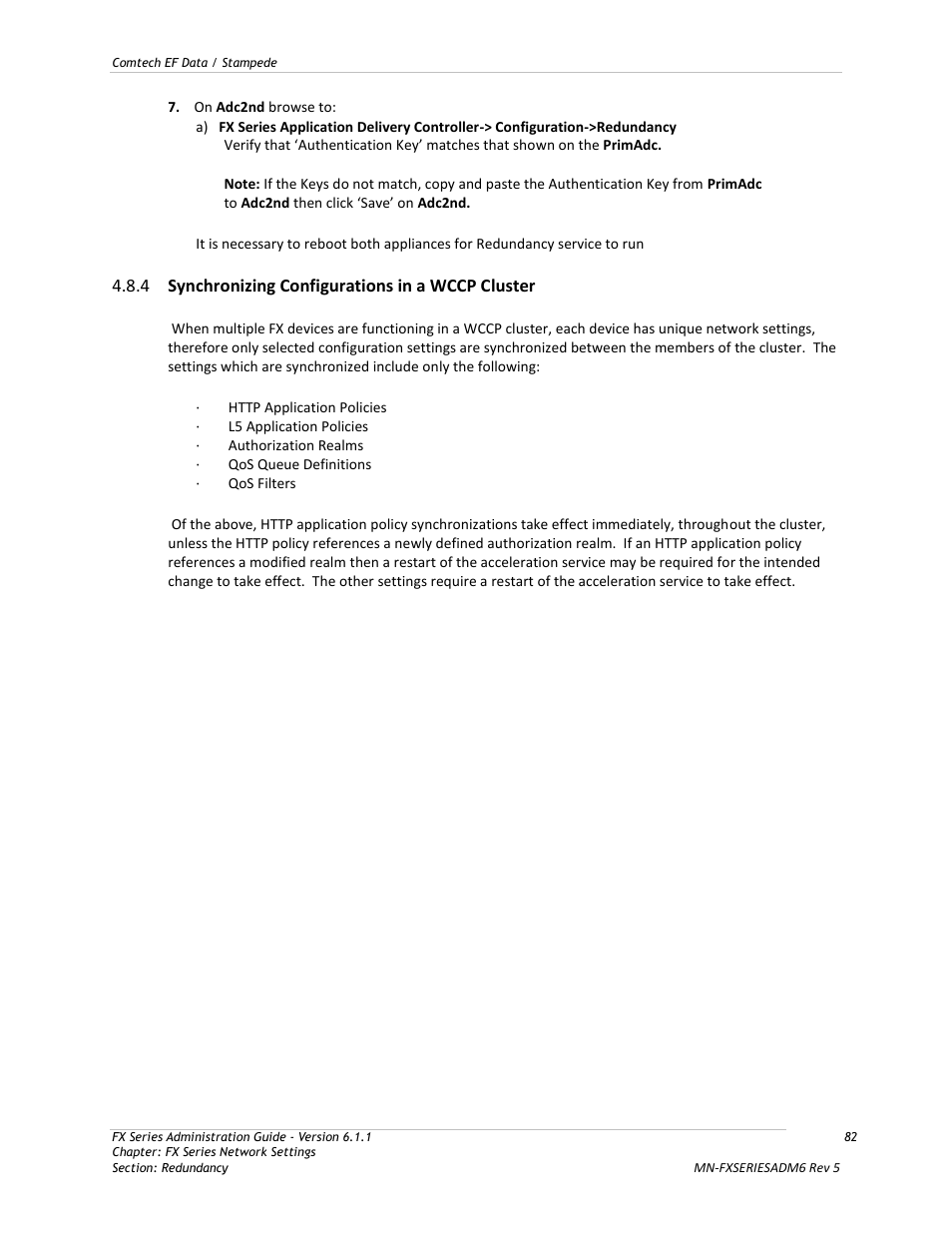 Synchronizing configurations in a wccp cluster, 4 synchronizing configurations in a wccp cluster | Comtech EF Data FX Series Administrator Guide User Manual | Page 82 / 151