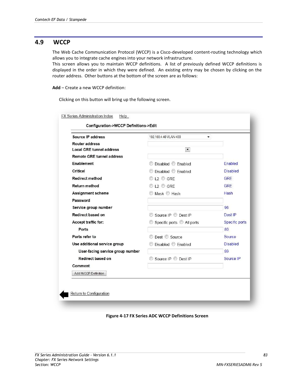 Wccp, Figure 4-17 fx series adc wccp definitions screen, 9 wccp | Comtech EF Data FX Series Administrator Guide User Manual | Page 83 / 151